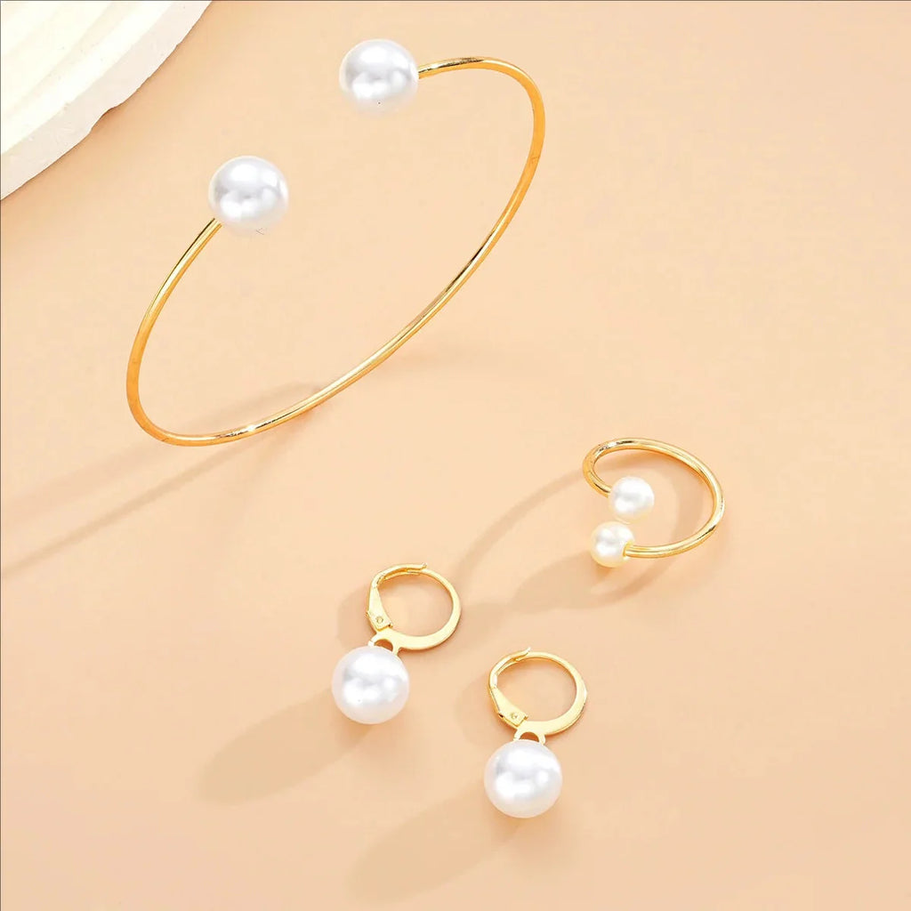 Female Jewelry Set Pearl Open Stud Earrings Bracelet Ring Women's Simple Luxurious High-end Sophisticated Accessories