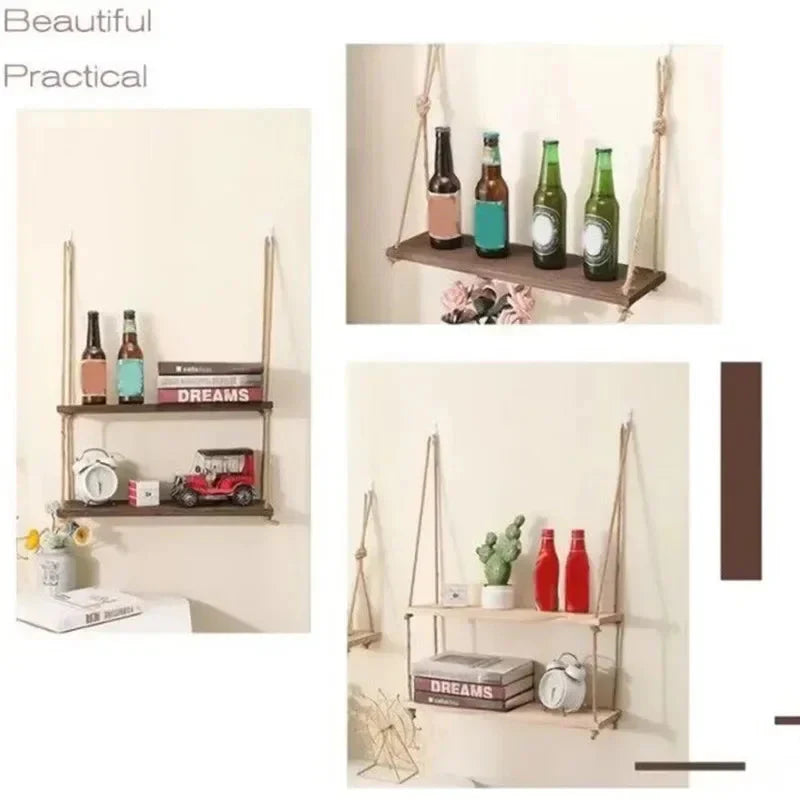 1PC 1/2/3-tier Wooden Floating Shelves for Wall Plant Flower  Hanging Rope Storager Wall Shelf Kitchen Storage