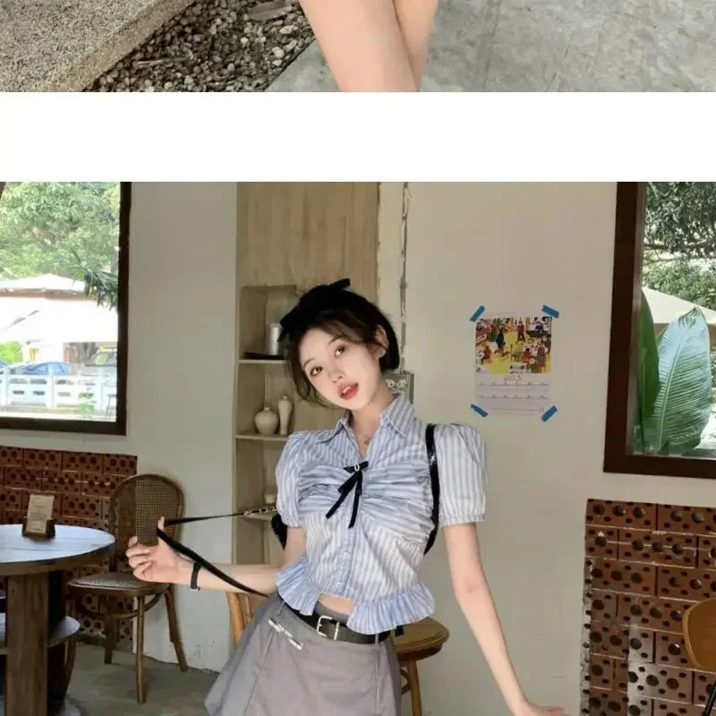 Bow-rinked Striped Shirt for Women Summer French Sweet and Spicy Puff Sleeve Shirt Short Short Sleeve Top