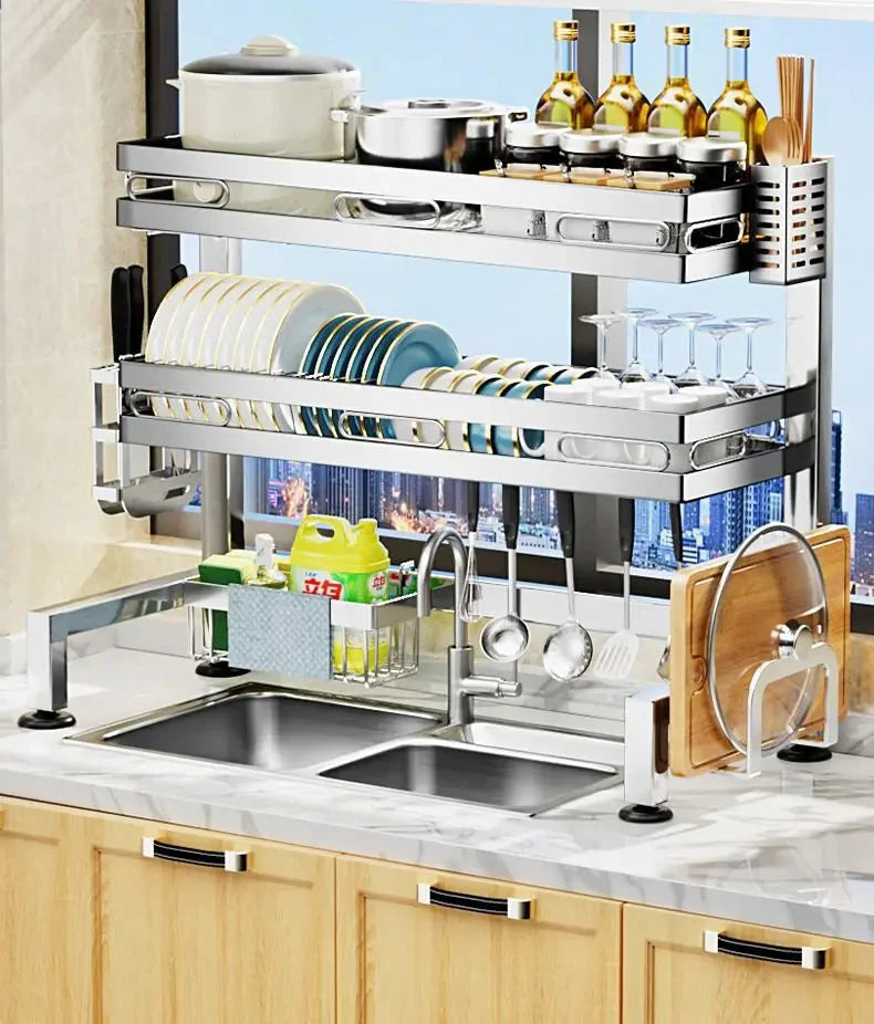 Stainless Steel Sink Shelf Bowl Drain Rack Kitchen Storage Rack Multifunctional Dish Cutlery Knife Spoon Sink Rack Set Organizer