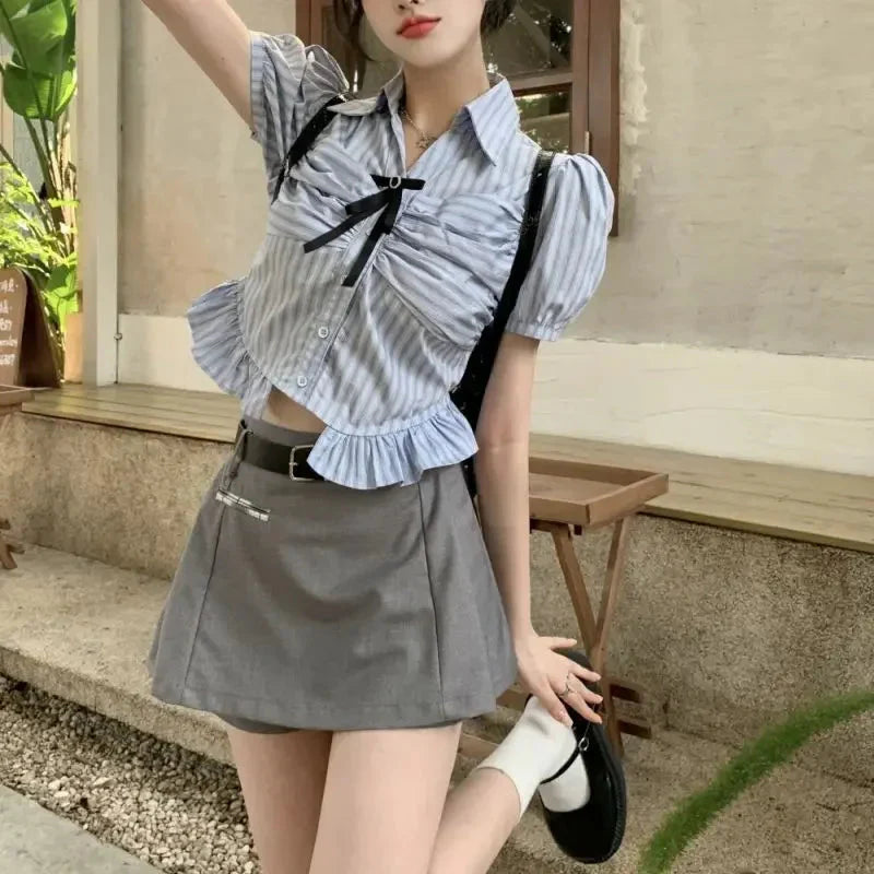 Bow-rinked Striped Shirt for Women Summer French Sweet and Spicy Puff Sleeve Shirt Short Short Sleeve Top