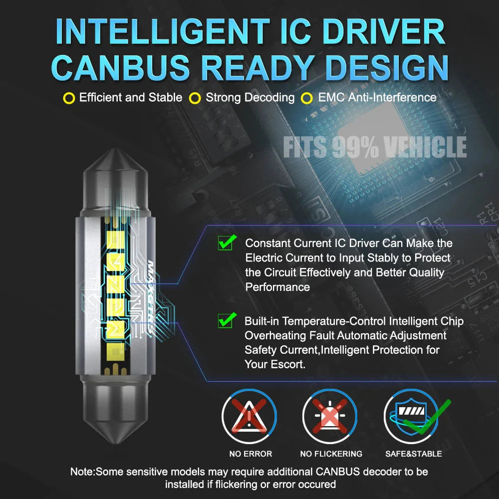 5Pcs MAXGTRS LED C5W C10W 39mm 41mm 42mm LED Festoon Canbus Error Free 6500K White Car Interior Light Reading Dome Trunk Lamp 12