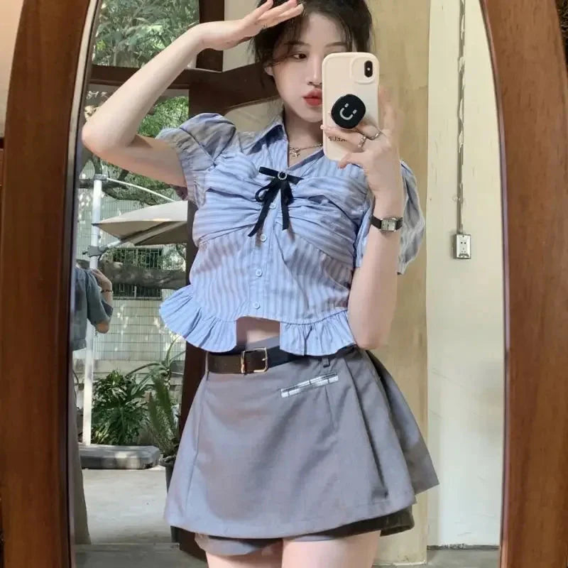 Bow-rinked Striped Shirt for Women Summer French Sweet and Spicy Puff Sleeve Shirt Short Short Sleeve Top