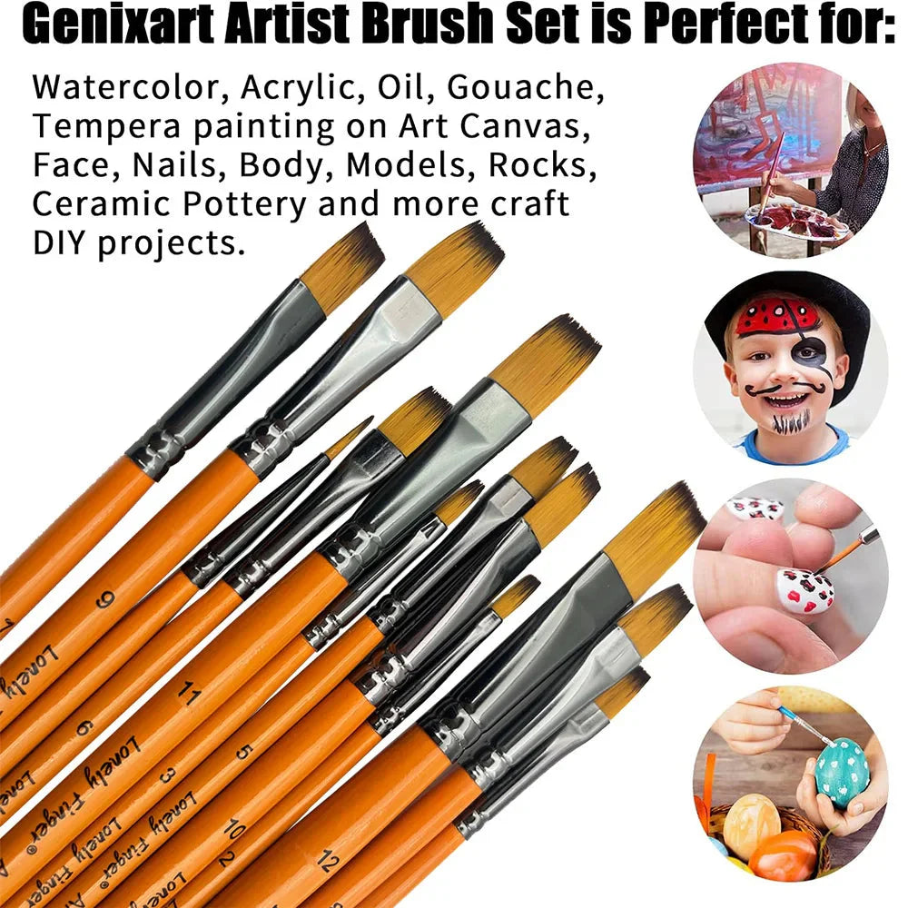 12/48pcs Premium Flat Art Paintbrush Set Durable Anti-Shedding Synthetic Nylon Bristles for Watercolor Acrylics Gouache Painting