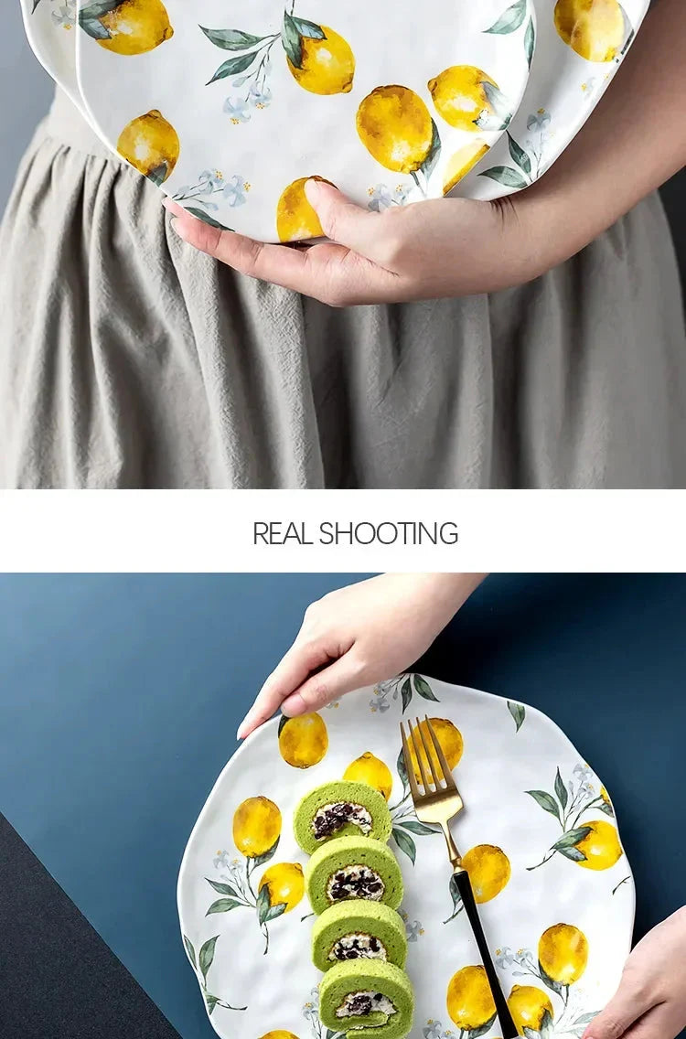 European Ceramic Plate Creative Rural Style Breakfast Bread Plate Hand Drawn Lemon Desktop Fruit Salad Plates Kitchen Tableware