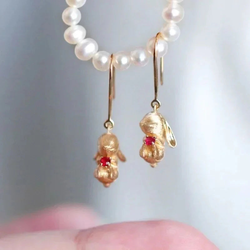 Cute and Exquisite Rabbit Jewelry Sets New in Fun Matte Ancient Gold Craft Earrings for Women Ring Necklace Gifts to Girlfriend