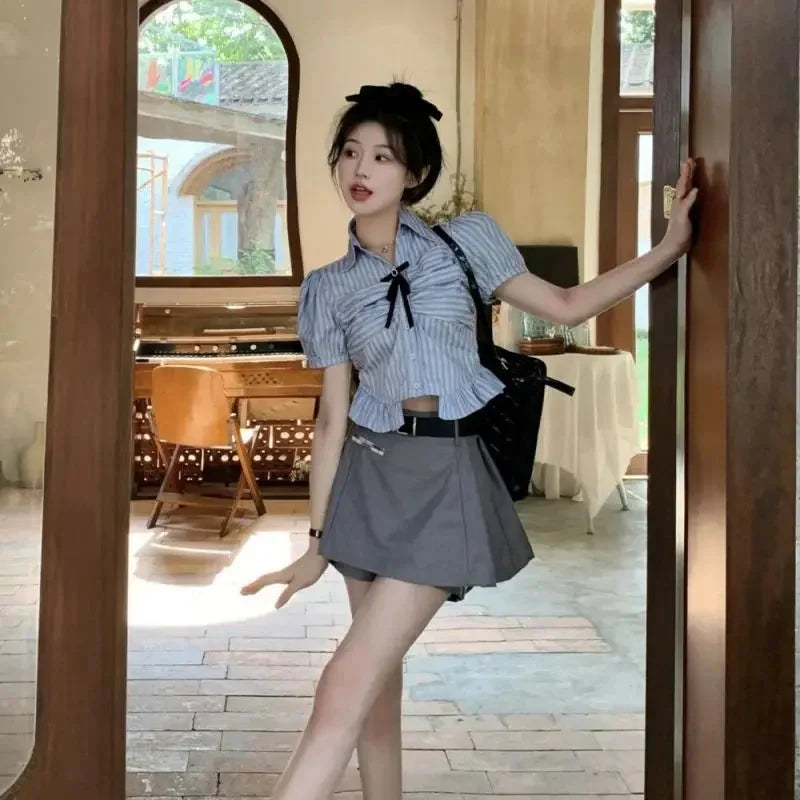 Bow-rinked Striped Shirt for Women Summer French Sweet and Spicy Puff Sleeve Shirt Short Short Sleeve Top