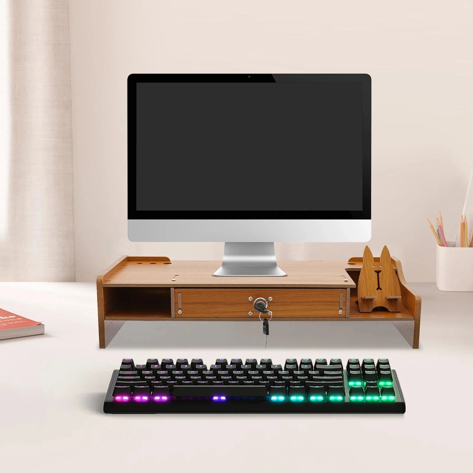 Home Computer Monitor Lift Stand with Drawers and Phone Holder, Desktop Organizer, Desktop Drawer Storage Cabinet