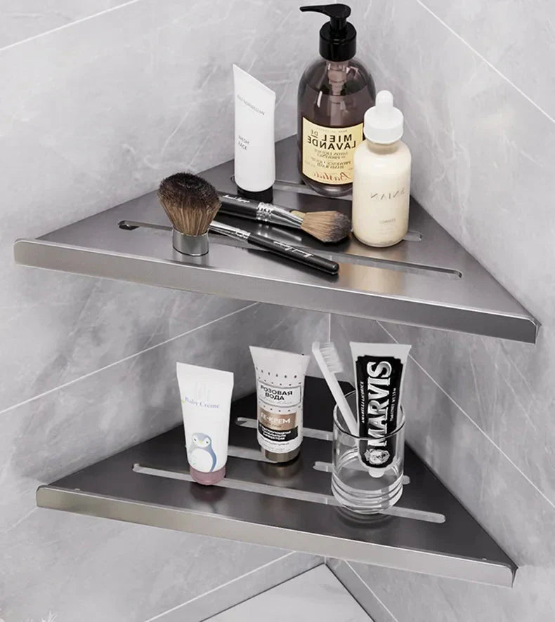 Bathroom Triangle Drain Shelf No Drilling Wall Mounted Cosmetic and Toiletries Hollow Carbon Steel Shelf with Hooks