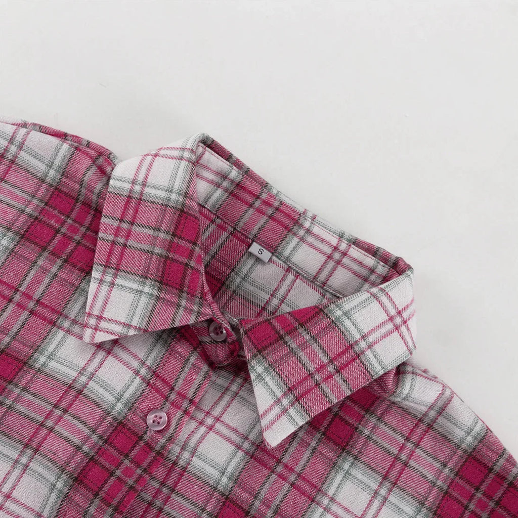 Pink Plaid Shirt for Women in Europe and America New Versatile Loose Shirt for Women Removable Long-sleeved Lapel Top