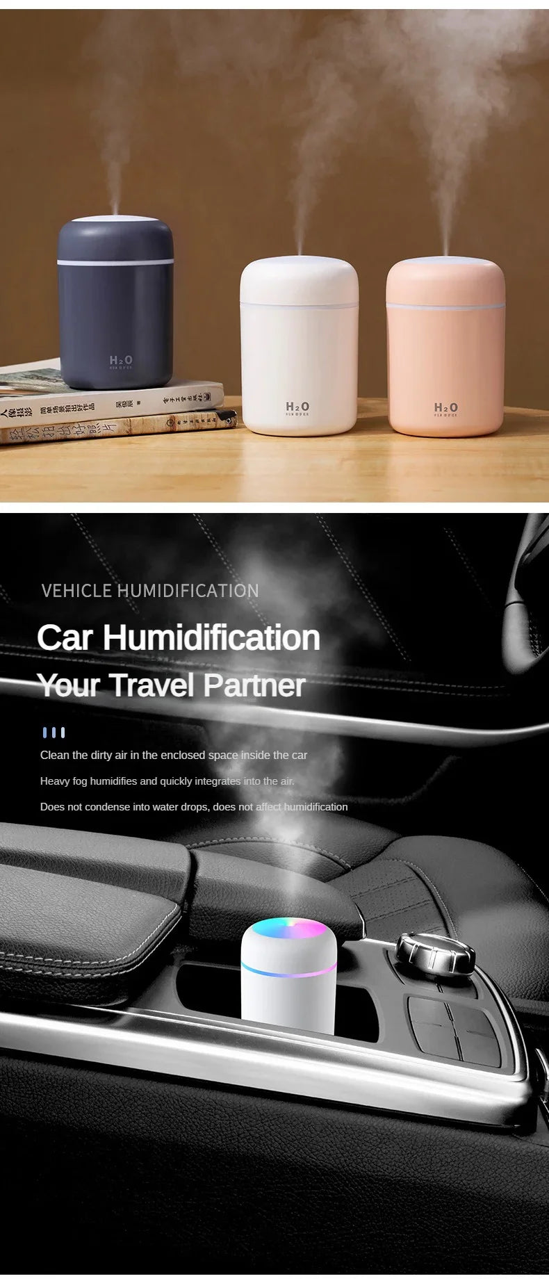 Portable Mini Air Humidifier For Bedroom,Personal Desktop,Car With Colorful Mood Lighting 2 Mist Modes And Auto Shut-Off