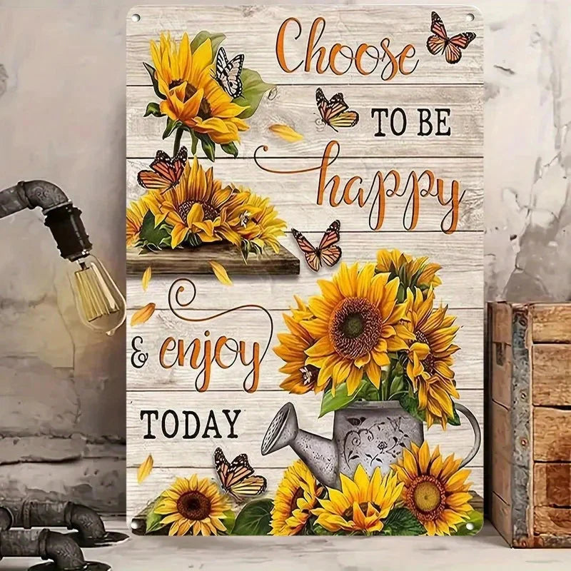 Rustic Iron Wall Sign | Vintage Sunflower & Butterfly | 'Choose to Be Happy' Motivational Quote | 8x12 Inch Metal Art