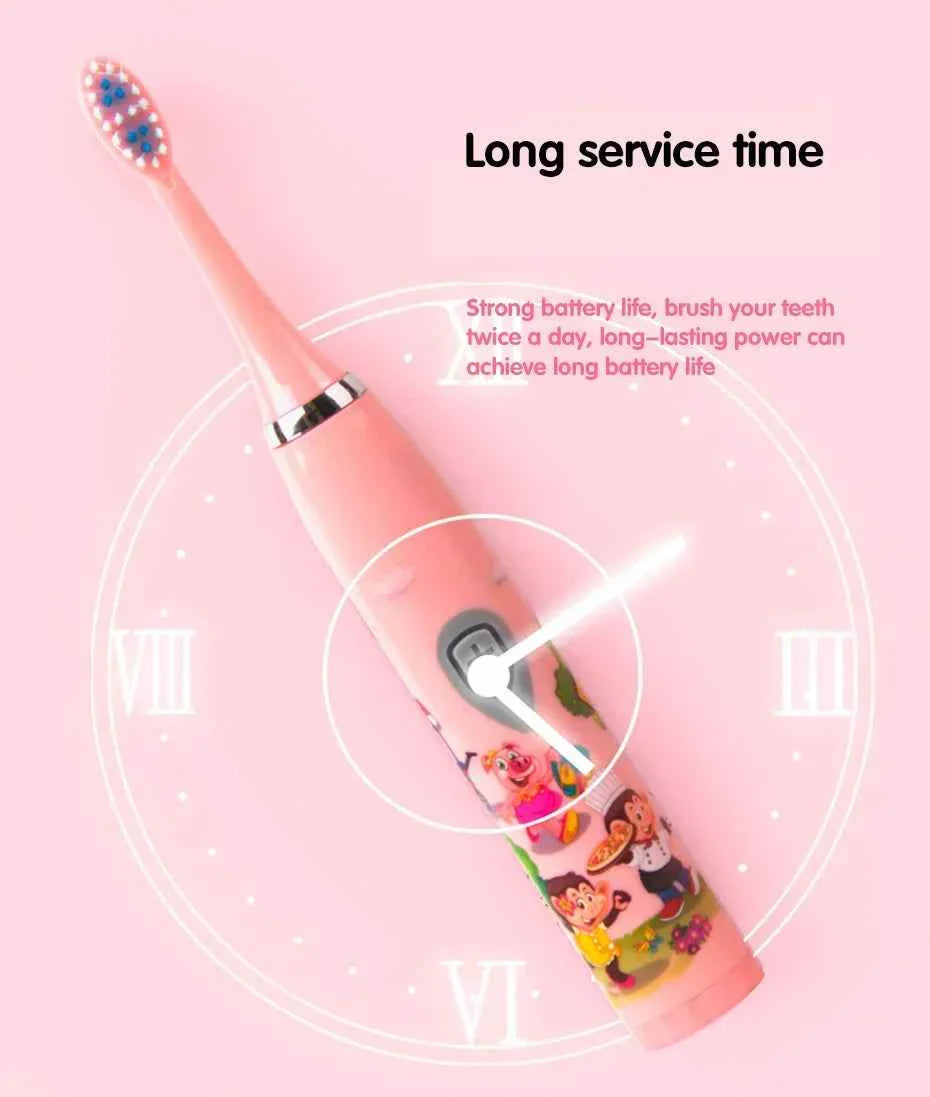 Sonic Children Electric Toothbrush Bright Cartoon With Replacement Heads Ultrasonic Rechargeable Soft Hair Brush Oral Cleaning
