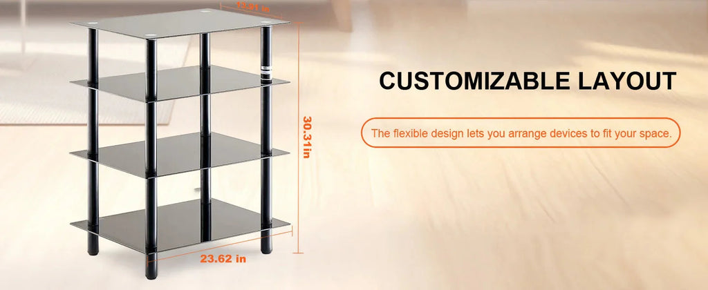 SucceBuy 4-Tier AV Media Stand Audio/Video Stand with Strengthen Tempered Glass Shevles for DVD Adjustable Media Storage Cabinet