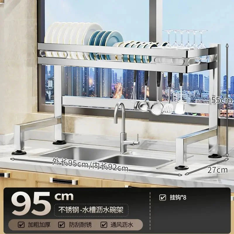 Stainless Steel Sink Shelf Bowl Drain Rack Kitchen Storage Rack Multifunctional Dish Cutlery Knife Spoon Sink Rack Set Organizer