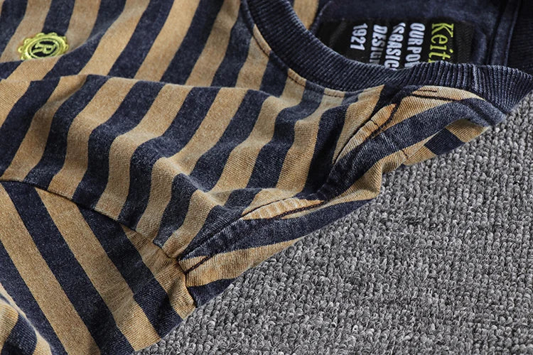 High Quality 100% Cotton Striped T Shirts for Men Summer Short Sleeve Distressed Washed Tees 24ss Y2k Youth Male Streetwear Tops
