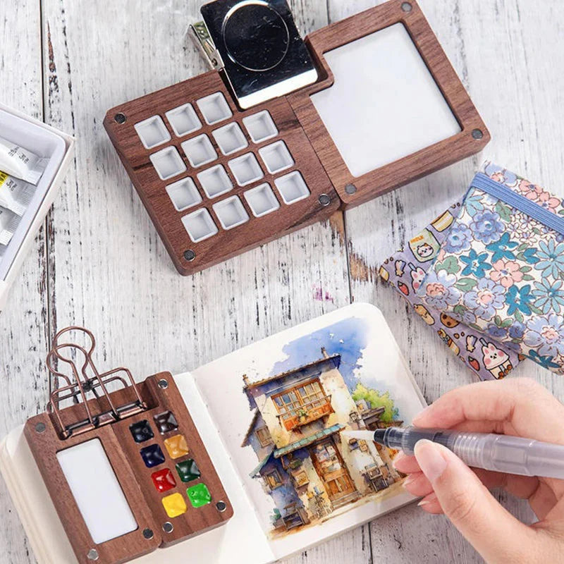 1pc Art Supplies Sketchbook Palette Mini Walnut Wood Watercolor Palette Portable Paint Box With Clip Travel Painting Paint Tray