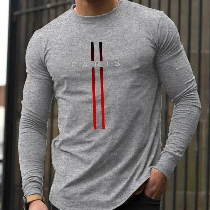 Men's Spring and Autumn 100% Cotton Loose and Comfortable Casual Paris Pattern Printed Round Neck Long Sleeve T-shirt
