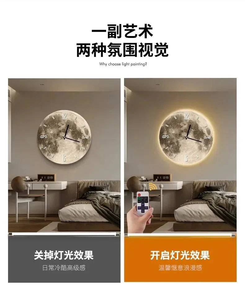 16 Inch Fashions Wall Clock Dining Room Living Moon The Earth Modelling LED Light Silent Movement Bedroom Clock Wall Decoration