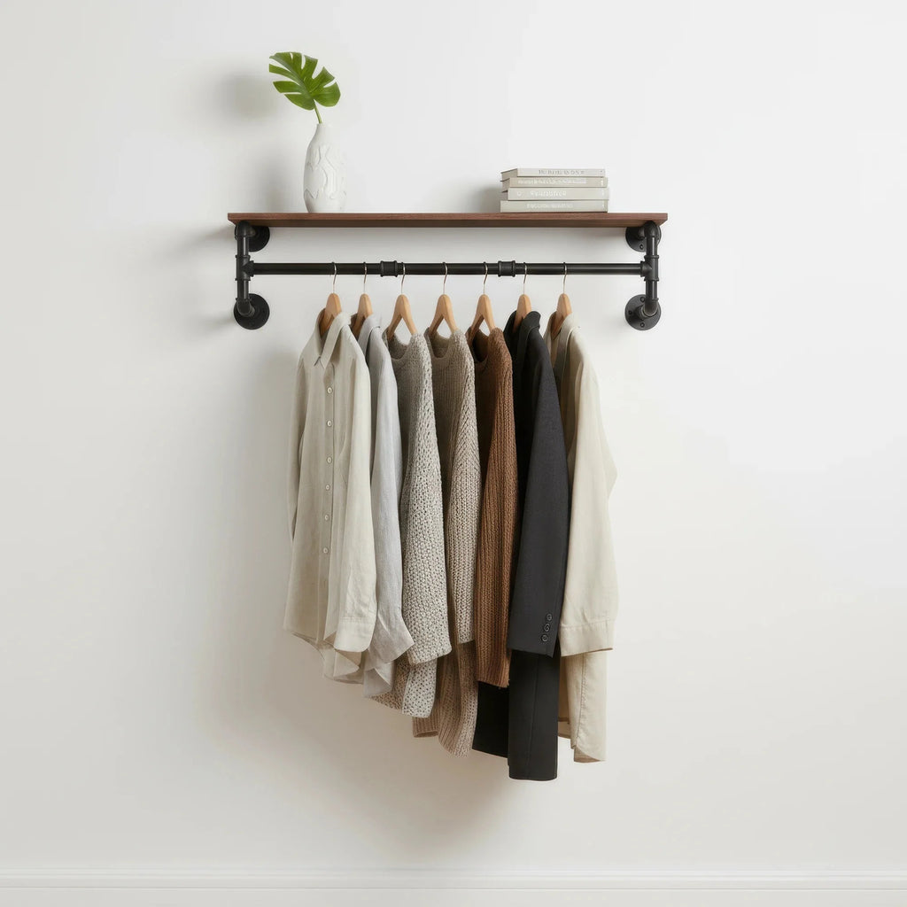 Industrial Pipe Clothes Rack with Top Shelf, 39 In Space-Saving 2 Tiers Heavy Duty Pipe Wall Mounted Clothing Shelves
