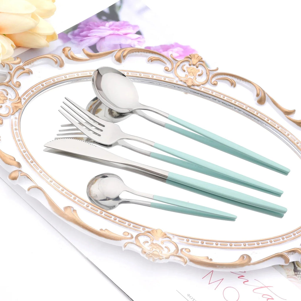 Western Purple Silver Tableware New Dinnerware Set 4Pcs Stainless Steel Kitchen Knife Fork Spoon Complete Cutlery Flatware Set