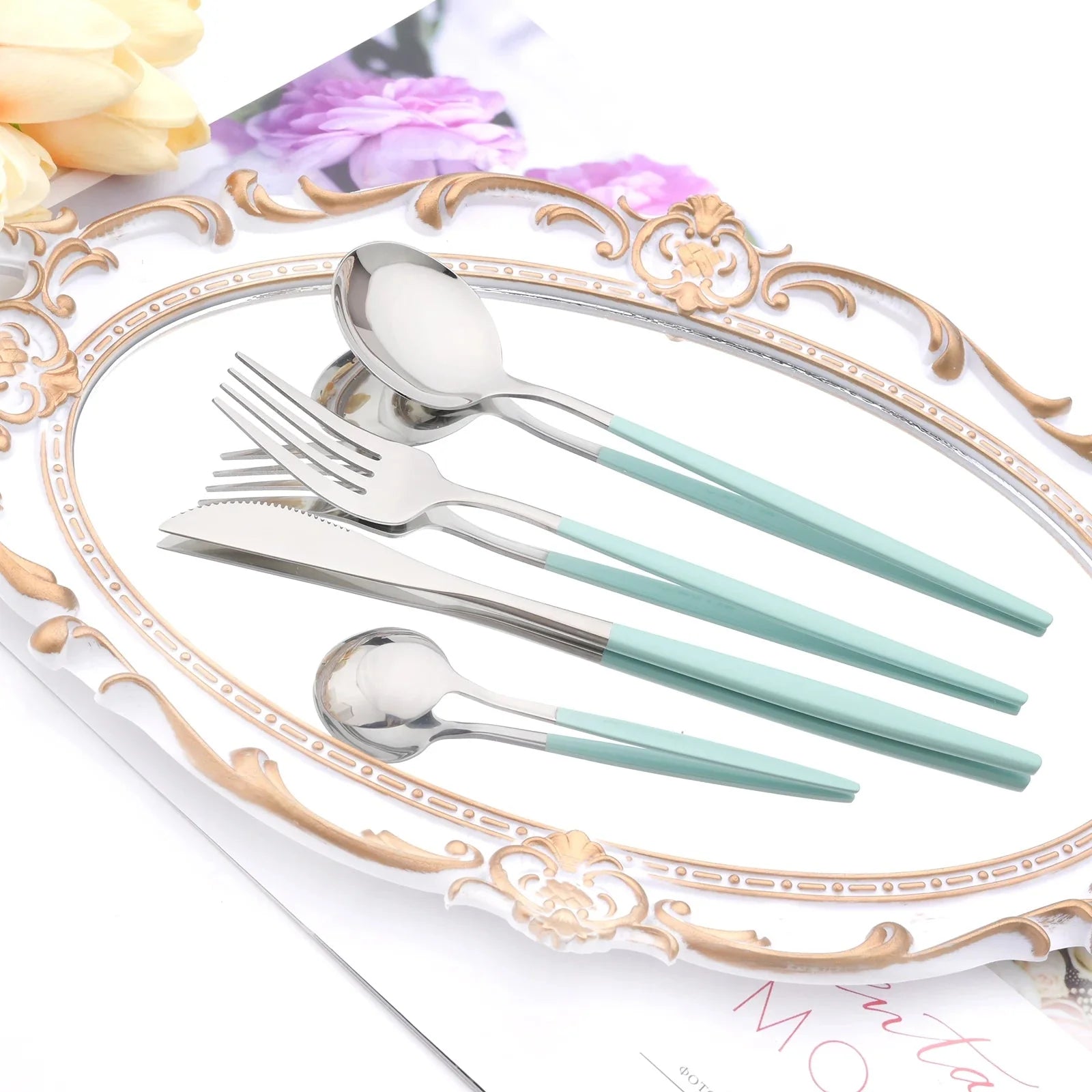 Western Purple Silver Tableware New Dinnerware Set 4Pcs Stainless Steel Kitchen Knife Fork Spoon Complete Cutlery Flatware Set