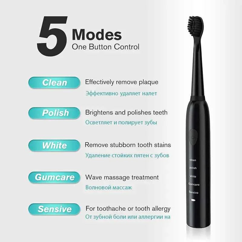 Sonic Electric Toothbrush For Adult Black White Whitening Timer Soft Hair IPX7 Waterproof 5-gear Mode USB Charging Teeth Brush