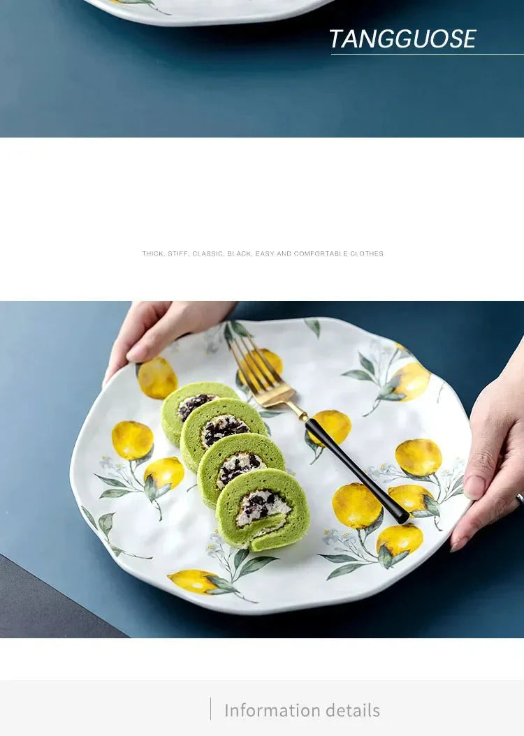 European Ceramic Plate Creative Rural Style Breakfast Bread Plate Hand Drawn Lemon Desktop Fruit Salad Plates Kitchen Tableware