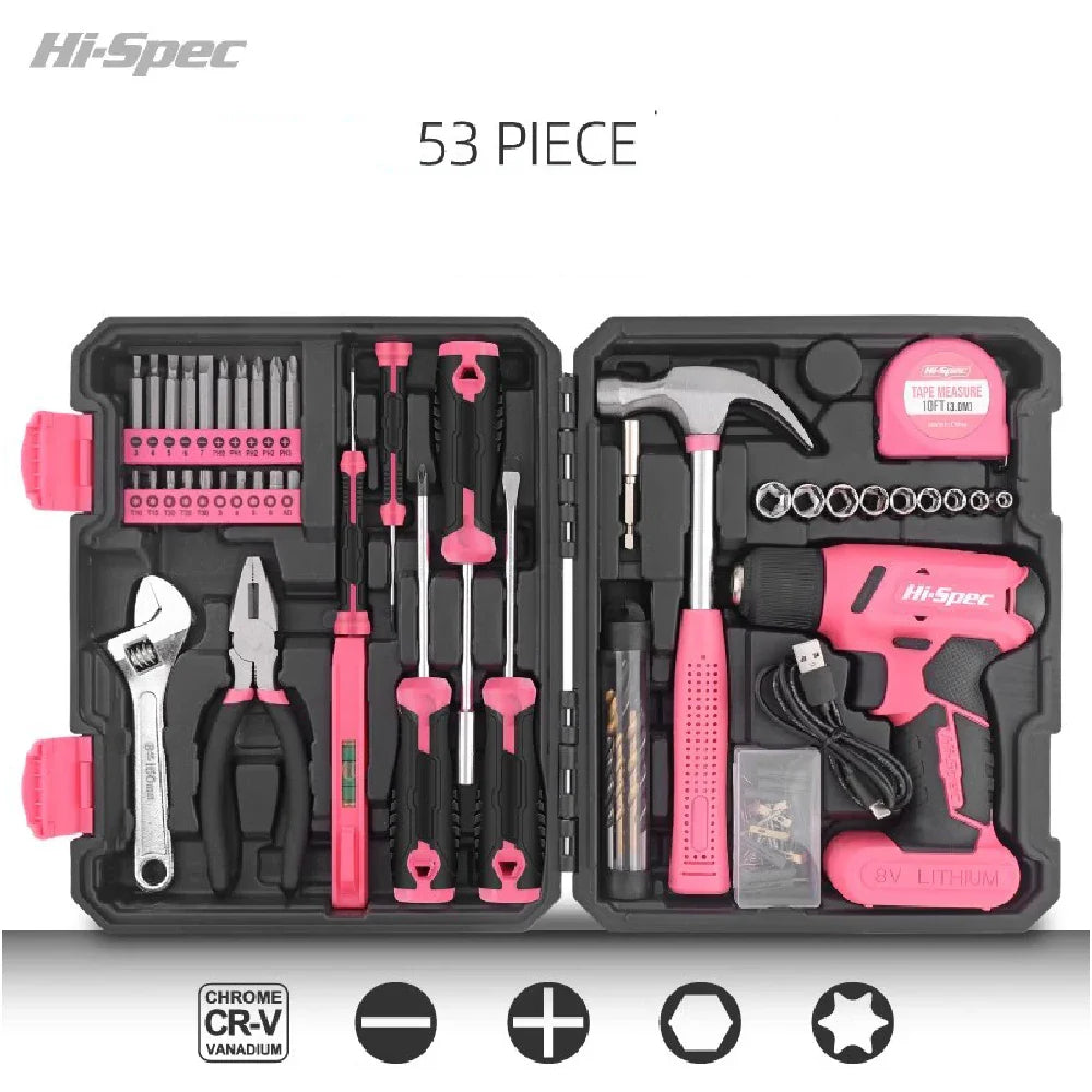 Hi-Spec 92-Piece Pink Home Tool Box Set, Multi-Function Hand Repair Kit with Hammer Cordless Power Drill Combo for Household DIY