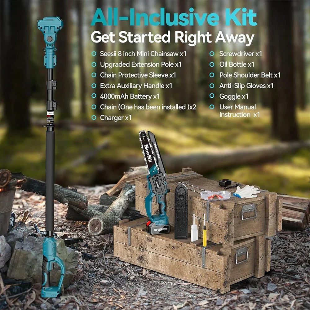 Seesii 2 in 1 Cordless 6" 8'' Pole Saw Mini Chainsaw Power Electric Polesaw Chain Saw with Extension Pole for Tree Trimming
