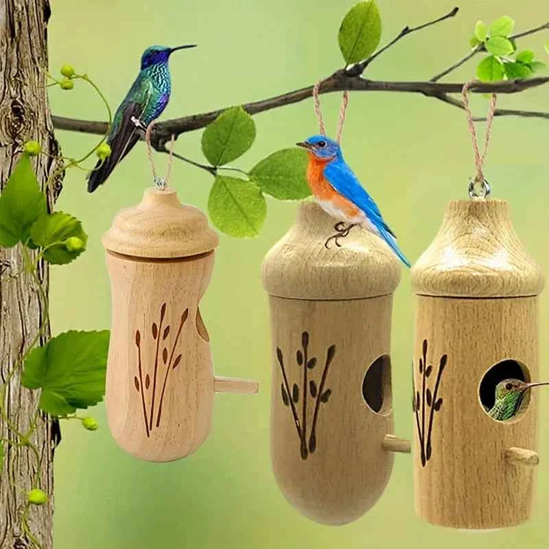 Wooden Hanging Hummingbird House Chalet Mini Bird Nest Cage Beautiful Outdoor Patio Garden Decoration Pet Bedroom