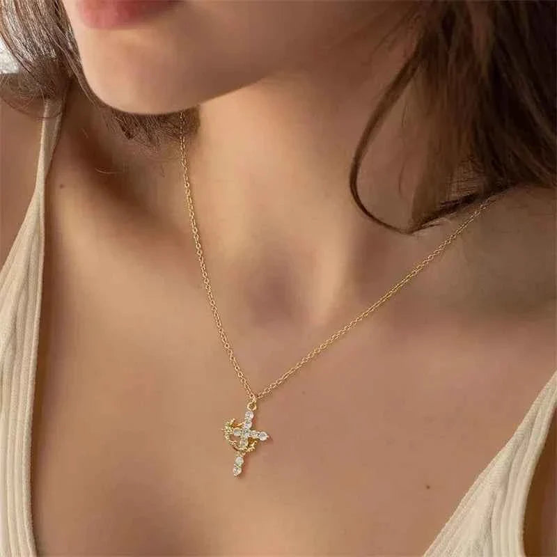 SUNSLL Cubic Zircon Rotatable Crown Cross Pendant Necklaces Classic Stainless Steel Chain Banquet Party Jewelry For Women Men