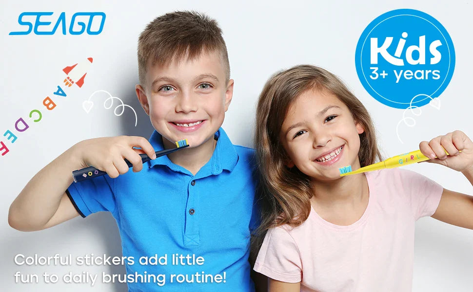 Children Electric Toothbrush with 8 Replacement Heads DIY Stickers 5 Cleaning Modes Blue Pink Yellow 3 Colors Soft Bristles