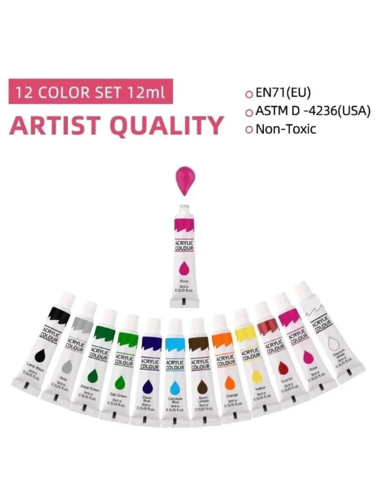 12 Color Acrylic Paint Set 9ml Tubes Waterproof Art Supplies for Beginner Artists DIY Painting on Canvas Wall Art Stationery