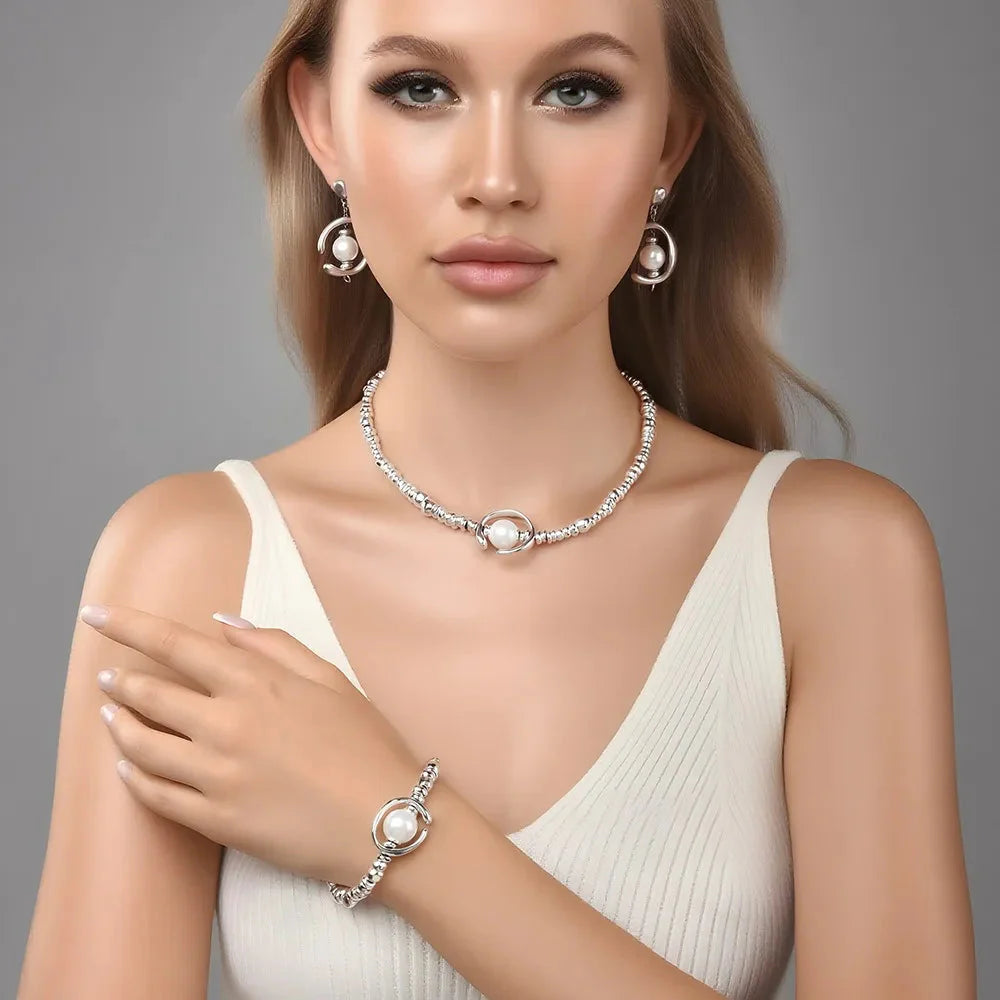 Pearl Jewelry Set, Gold Silver Necklace Earrings Bracelet Set, Elegant Wedding Party Jewelry For Women Gifts