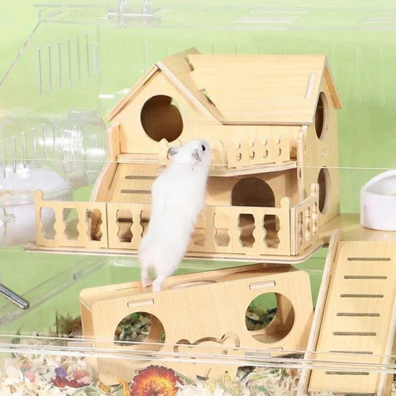 Hamster Habitat Décor Wooden Double-Layer Platform with Ladder Durable Pet Toy Accessory for Gerbil Guinea Pig and Small Animals