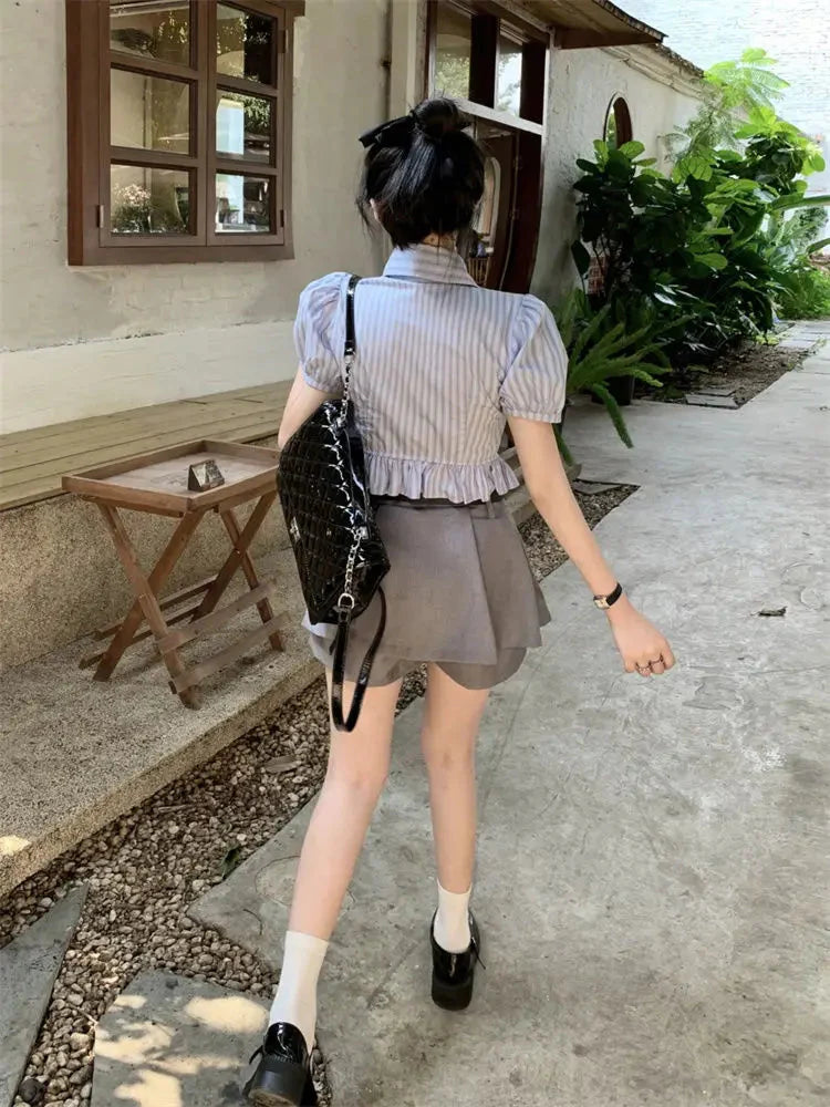 Bow-rinked Striped Shirt for Women Summer French Sweet and Spicy Puff Sleeve Shirt Short Short Sleeve Top