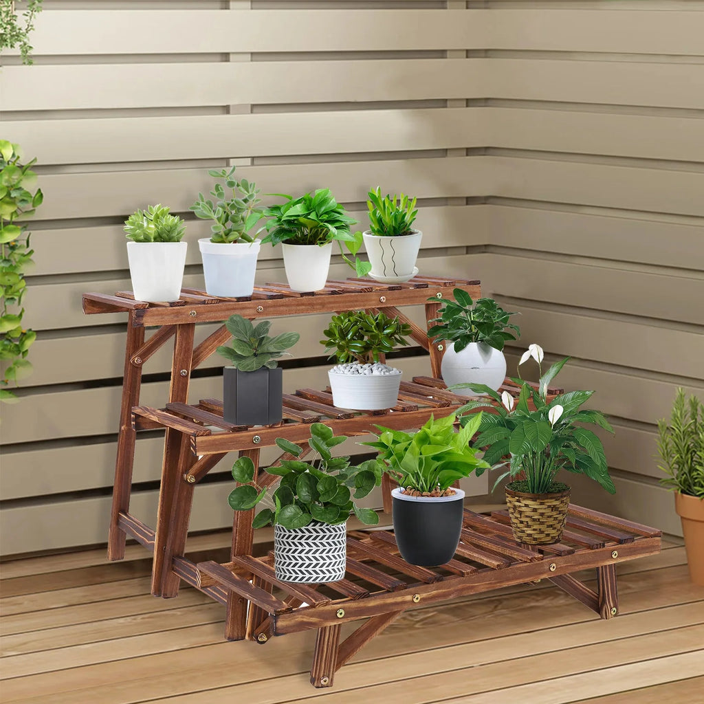 3 Tier Wood Ladder Shelf Corner Plant Stand Indoor Outdoor Flower Pot Rack