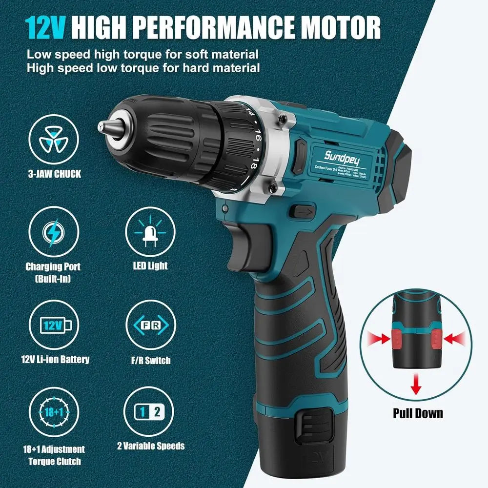 Tool Kit 206PCS with Drill - 12V Cordless Power Drill Combo Home Tool Set - Portable Basic General Household Toolbox for Repair