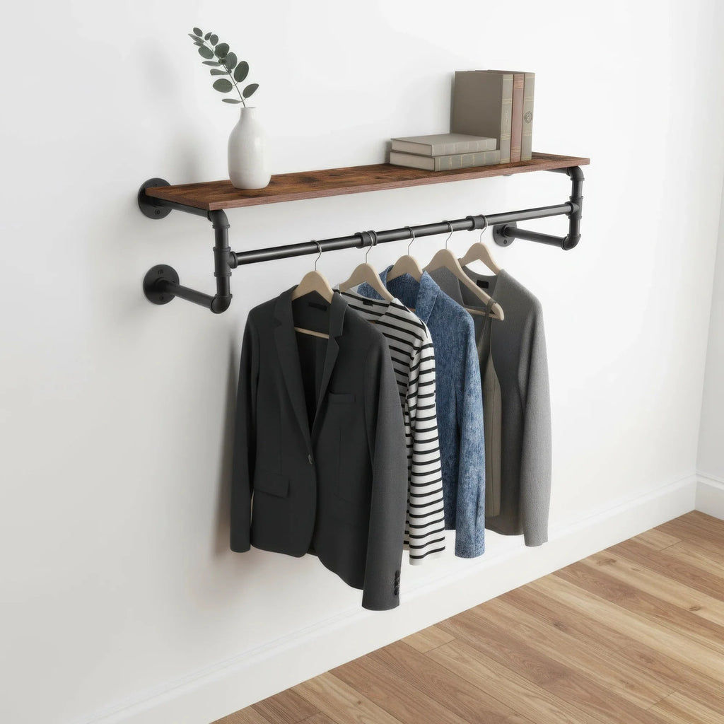 Industrial Pipe Clothes Rack with Top Shelf, 39 In Space-Saving 2 Tiers Heavy Duty Pipe Wall Mounted Clothing Shelves