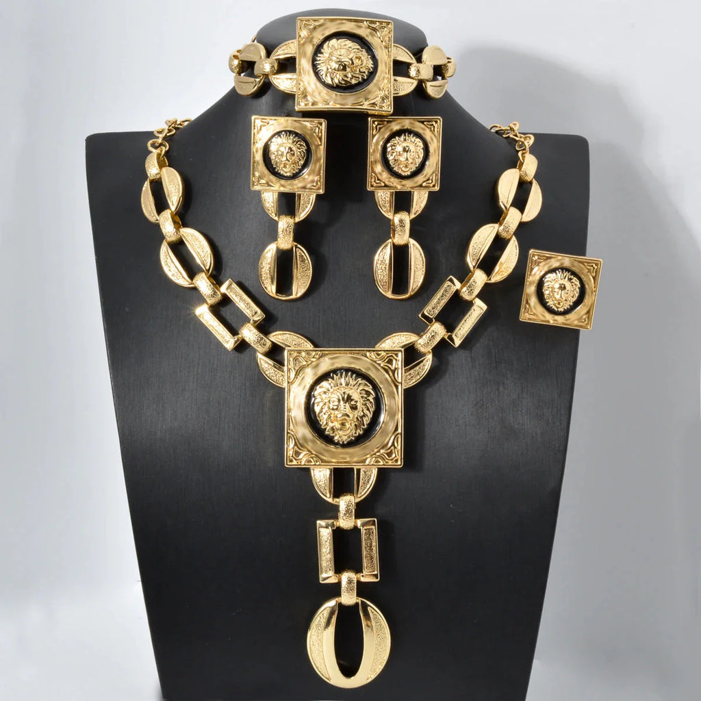 Gold Plated Jewelry Set  For Women African Indian Dubai Wedding Jewellery Luxury Choker Necklace Bracelet Earring Cuff Rings