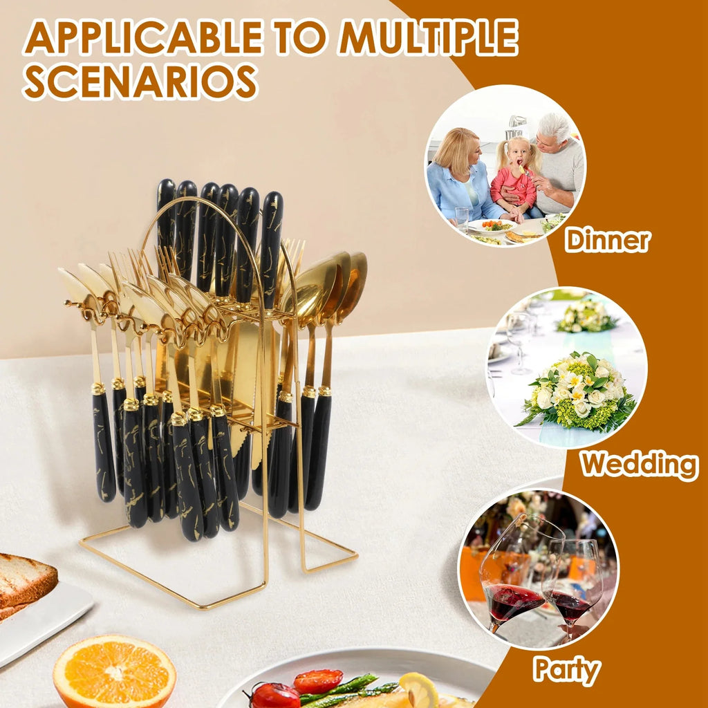 24 Pcs Silverware Set with Hanging Holder Stainless Steel Flatware Set Service for 6 Utensils Set Mirror Polished Tableware Set