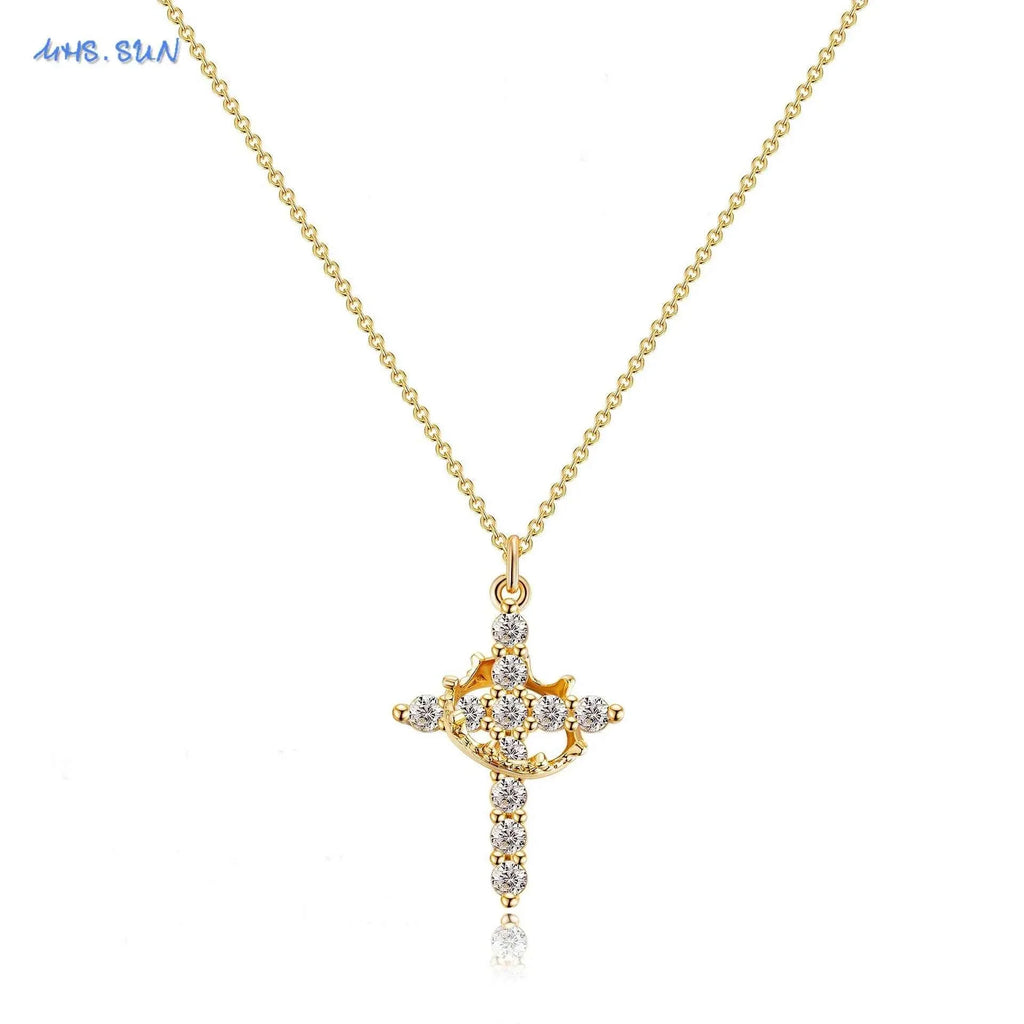 SUNSLL Cubic Zircon Rotatable Crown Cross Pendant Necklaces Classic Stainless Steel Chain Banquet Party Jewelry For Women Men