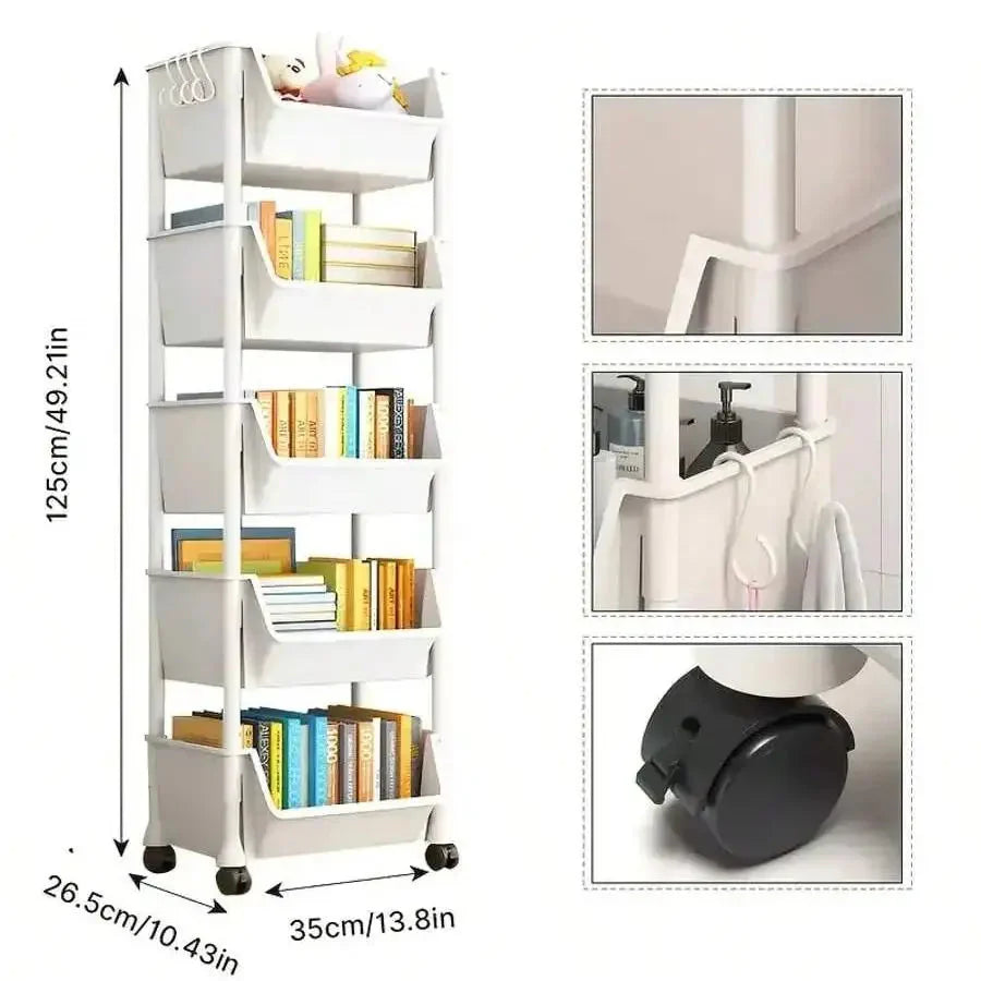 Multi-Tier Rolling Storage Cart, Slim Rolling Cart with Storage Bins and Hooks - Space-Saving Organizer, 360° Rotating Storage C