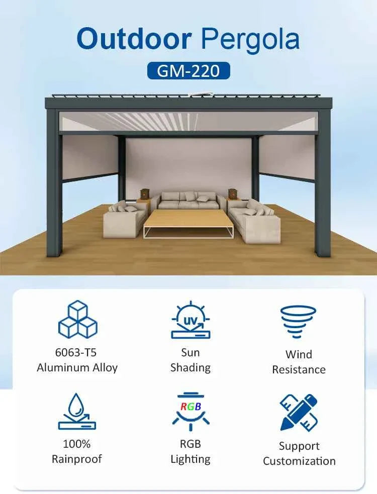 Motorized Aluminum Bioclimatic Pergola - Waterproof Electric Shutter Garden Gazebo
