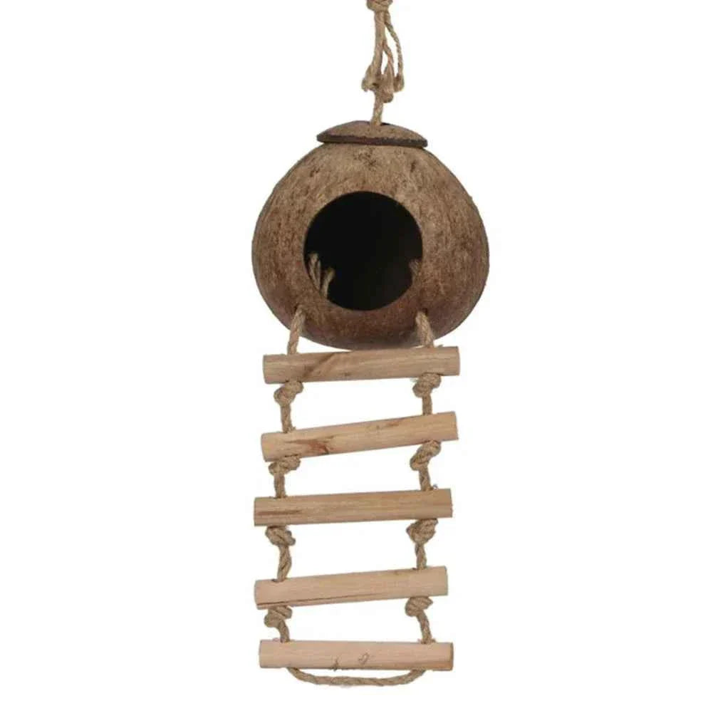 Coconut Bird Nest Hut With Ladder Hanging,Hanging Coconut Bird House Parrot Hideout Bird Cage For Lovebird Pigeons Pet Supplies