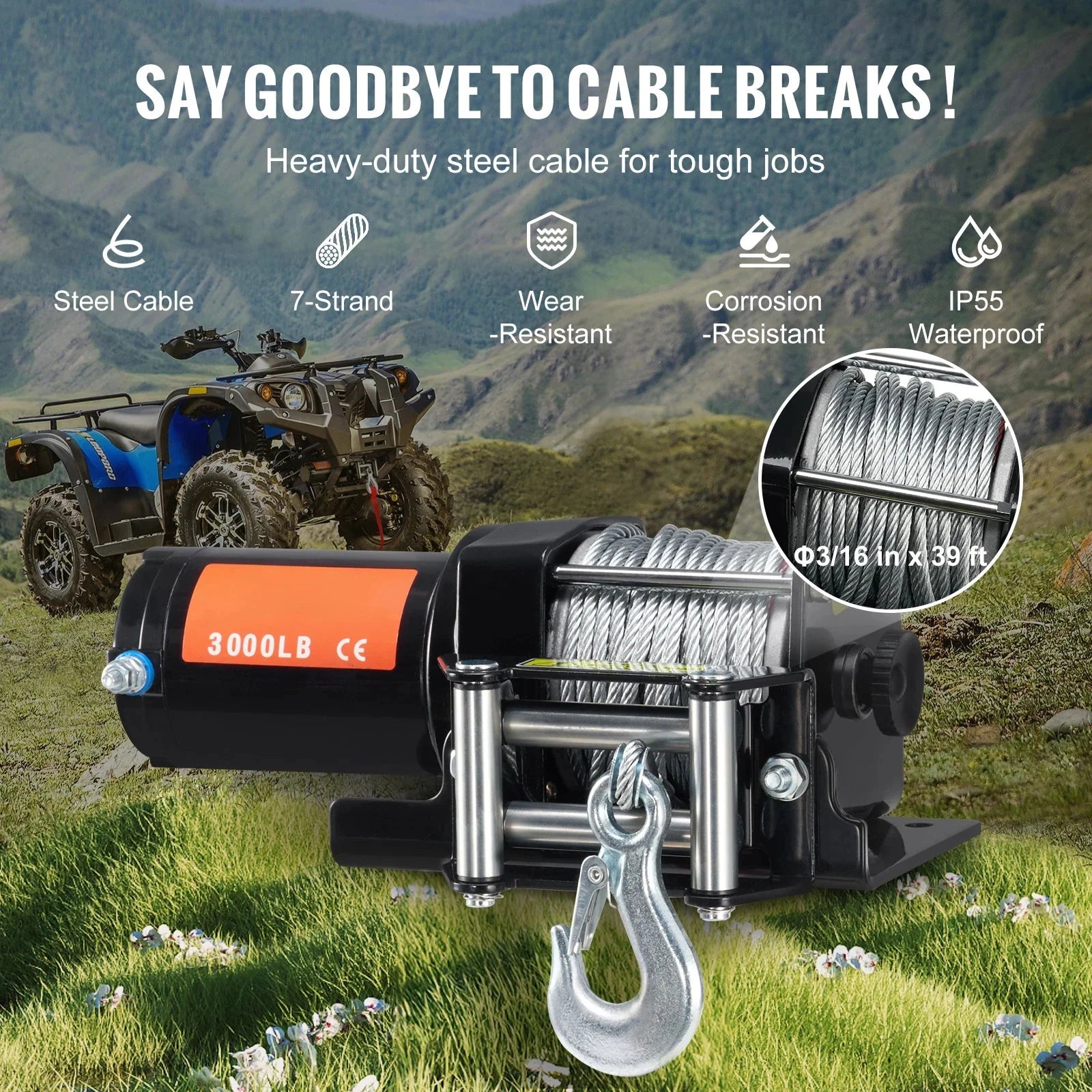 SucceBuy 3000lbs ATV/UTV Electric Winch 12V DC Steel Rope Winch with  39ft Cable Roller Wired Remote Control for Towing Off-Road