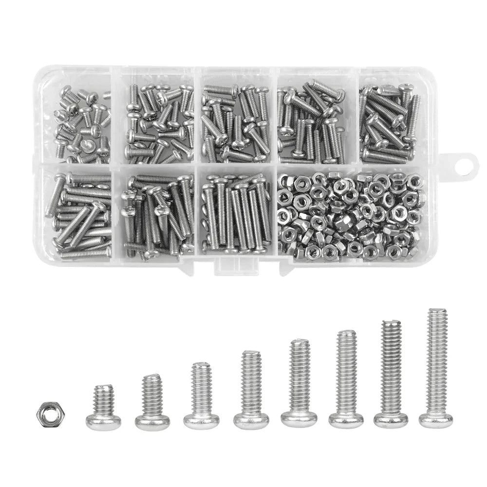 M1 M1.2 M1.4 M1.6 M2.5 M3 304 Stainless Steel Round Head Cross Small Screw Set Metric Thread Machine Bolt Assortment Kit Set