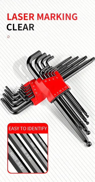 Professional 10-Piece Hex Key Set - Metric & SAE - CR-V Steel Allen Wrenches with Ball End