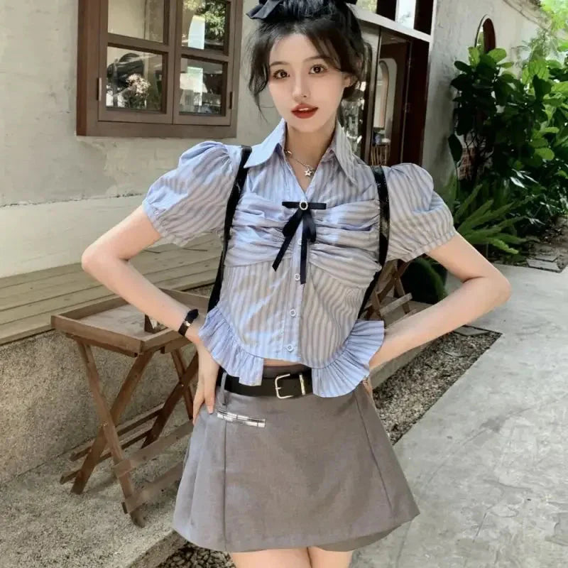 Bow-rinked Striped Shirt for Women Summer French Sweet and Spicy Puff Sleeve Shirt Short Short Sleeve Top